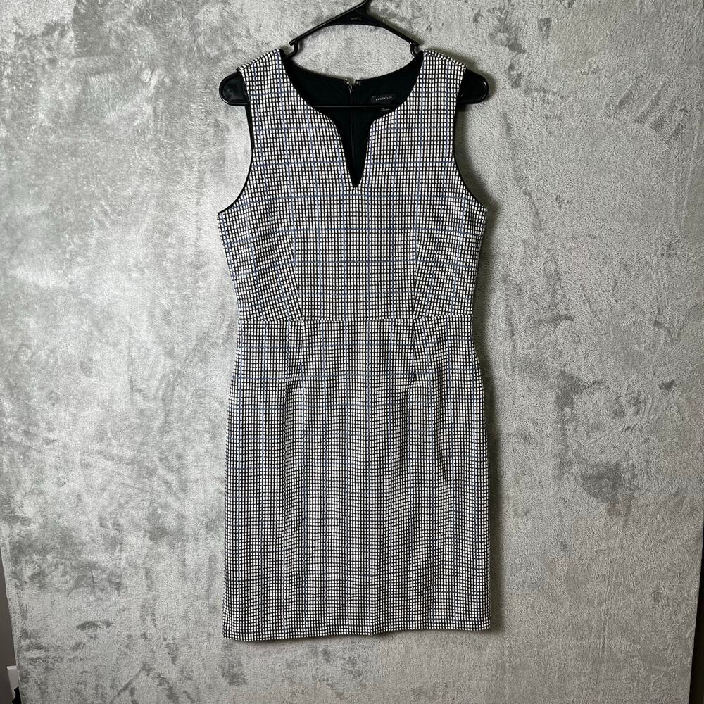 Ann Taylor Sleeveless Tweed Flare Dress V Neck Size 6 Back Blue New